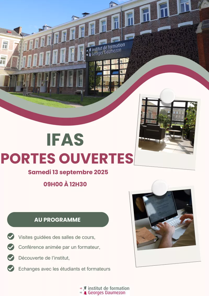 photos de l'institut, photo d'une personne qui travaille sur ordinateur et les objectifs de la journée portes-ouvertes axée sur la formation aide-soignante